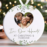 Personalised Memorial Christmas Bauble | Memory Ornament | Memorial Keepsake Christmas Bauble | Memorial Photo Ceramic Christmas Bauble - In Our Hearts Floral