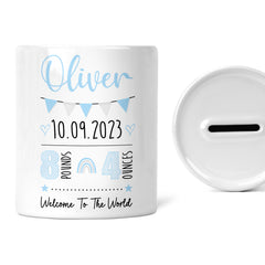 Personalised Children's Money Box | Custom Newborn Gift | Newborn Facts | Welcome to The World | Custom New Baby Keepsake Gift