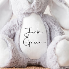 Personalised Teddy, Custom Newborn Teddy | Grey Bunny Rabbit, Name Reveal, Birthday Teddy, Personalised Newborn Gift, Handwritten