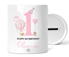 Personalised 1st Birthday Money Box | Personalised 1st Birthday Gift, First Birthday Gift, First Birthday Money Box | Pink Hot Air Balloon