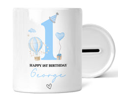 Personalised 1st Birthday Money Box | Personalised 1st Birthday Gift, First Birthday Gift, First Birthday Money Box | Blue Hot Air Balloon