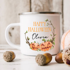 Personalised Halloween Enamel Mug | Pumpkin Wreath | Personalised Halloween Gift