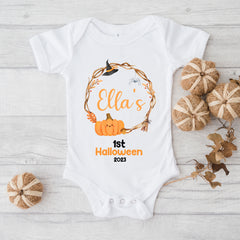 Baby's 1st Halloween | Personalised Halloween Baby Grow | Wreath | First Halloween Baby Bib, Baby Halloween Gift