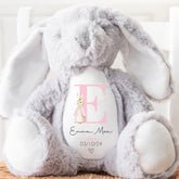 Personalised Teddy, Custom Newborn Teddy | Grey Bunny Rabbit, Baby Announcement Teddy Bear, Personalised Newborn Gift, Pink Initial