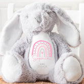 Personalised Teddy, Custom Newborn Teddy | Grey Bunny Rabbit, Baby Announcement Teddy Bear, Personalised Newborn Gift Ornament, Pink Rainbow