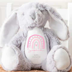 Personalised Teddy, Custom Newborn Teddy | Grey Bunny Rabbit, Baby Announcement Teddy Bear, Personalised Newborn Gift Ornament, Pink Rainbow
