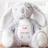 Personalised Teddy, Custom Newborn Teddy | Grey Bunny Rabbit, Baby Announcement Teddy Bear, Personalised Newborn Gift Ornament, Pink Bunting