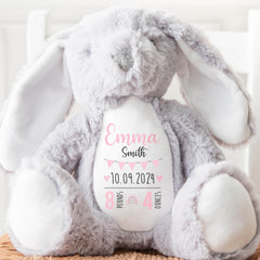 Personalised Teddy, Custom Newborn Teddy | Grey Bunny Rabbit, Baby Announcement Teddy Bear, Personalised Newborn Gift Ornament, Pink Bunting