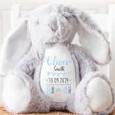 Personalised Teddy, Custom Newborn Teddy | Grey Bunny Rabbit, Baby Announcement Teddy Bear, Personalised Newborn Gift Ornament, Blue Bunting
