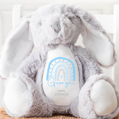 Personalised Teddy, Custom Newborn Teddy | Grey Bunny Rabbit, Baby Announcement Teddy Bear, Personalised Newborn Gift, Blue Rainbow