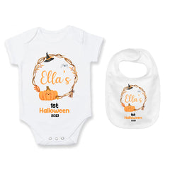 Baby's 1st Halloween | Personalised Halloween Baby Grow | Wreath | First Halloween Baby Bib, Baby Halloween Gift
