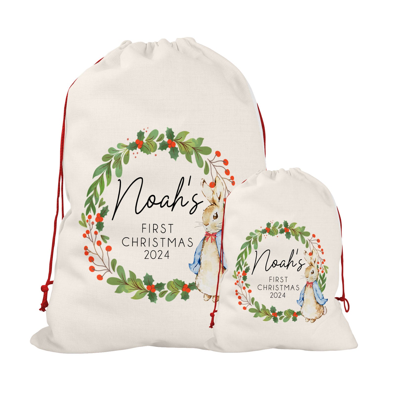 Personalised Christmas Sack | Custom Christmas Stocking | Custom Santa Sack For Kids, Children's Christmas Sack - Bunny Wreath