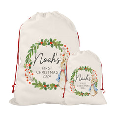 Personalised Christmas Sack | Custom Christmas Stocking | Custom Santa Sack For Kids, Children's Christmas Sack - Bunny Wreath
