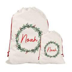 Personalised Christmas Sack | Custom Christmas Stocking | Custom Santa Sack For Kids, Children's Christmas Sack - Holly Wreath