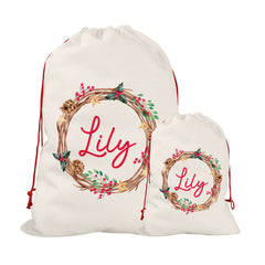 Personalised Christmas Sack | Custom Christmas Stocking | Custom Santa Sack For Kids, Children's Christmas Sack - Christmas Wreath