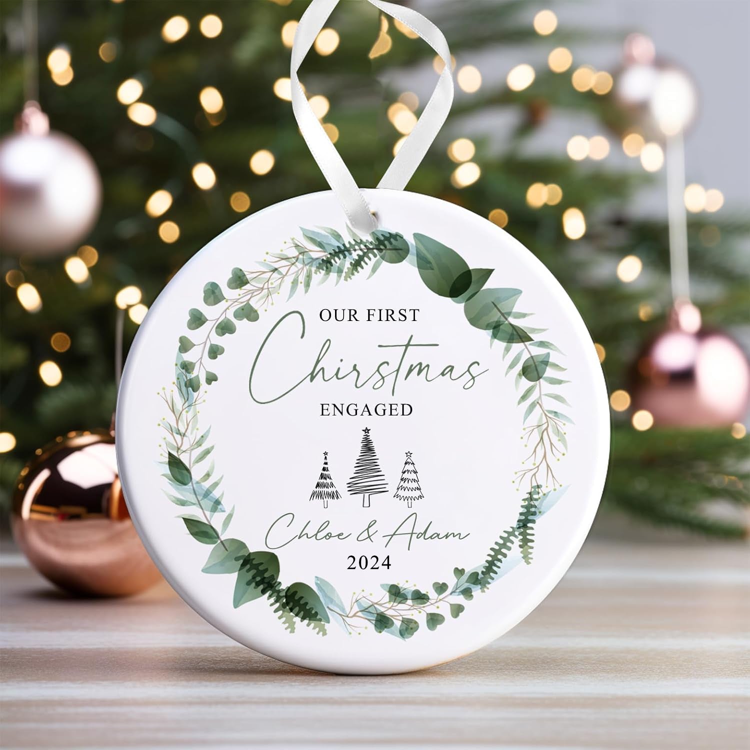 Personalised Engagement Bauble | First Christmas Engaged Bauble | 1st Christmas Engaged Gift | First Christmas Engagement Keepsake - Floral Wreath
