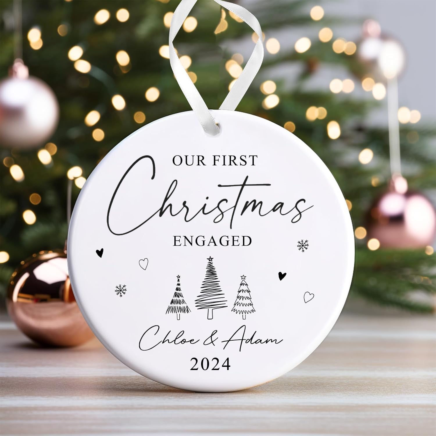 Personalised Engagement Bauble | First Christmas Engaged Bauble | 1st Christmas Engaged Gift | First Christmas Engagement Keepsake - Illustrations