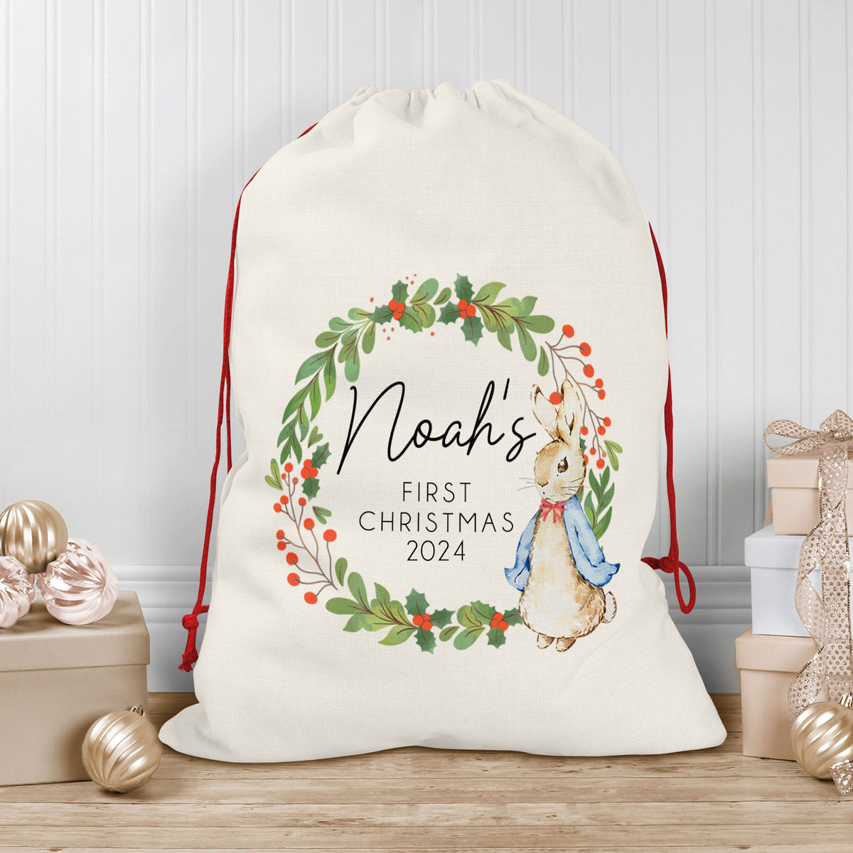 Personalised Christmas Sack | Custom Christmas Stocking | Custom Santa Sack For Kids, Children's Christmas Sack - Bunny Wreath