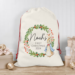 Personalised Christmas Sack | Custom Christmas Stocking | Custom Santa Sack For Kids, Children's Christmas Sack - Bunny Wreath