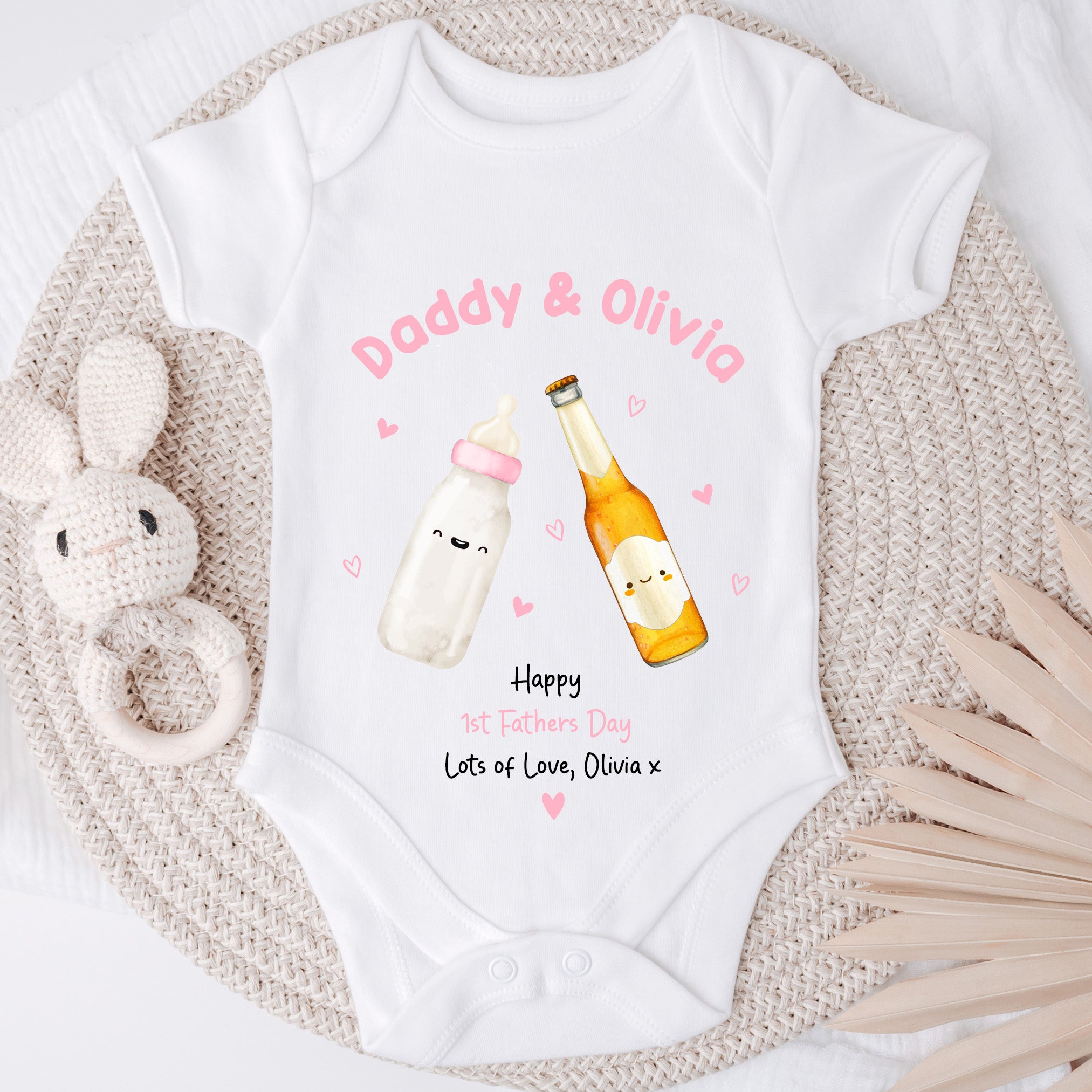 1st Fathers Day Baby Grow | First Fathers Day Gift | 1st Fathers Day Sleepsuit, 1st Fathers Day Bib | Daddy's 1st Fathers Day | 1st Romper Pink