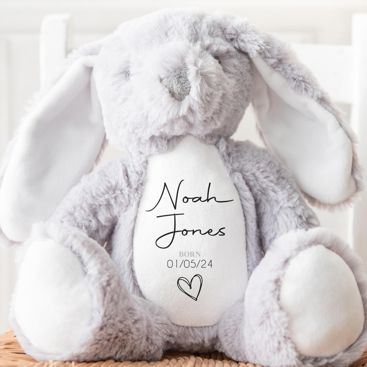 Personalised Teddy, Custom Newborn Teddy | Grey Bunny Rabbit, Baby Announcement Teddy Bear, Personalised Newborn Gift, Name Heart