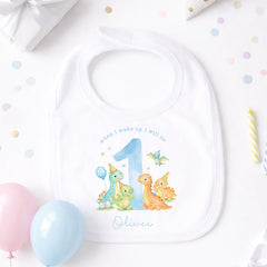 Personalised 1st Birthday Pyjamas, First Bib | Dinosaurs | When I Wake Up I Will Be 1, Boys 1st Birthday Pyjamas
