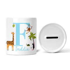 Personalised Children's Money Box | Zoo Animals | Large Initial, Add A Name | Personalised Kids Gift | New Baby Gift | Gift for Boys & Girls