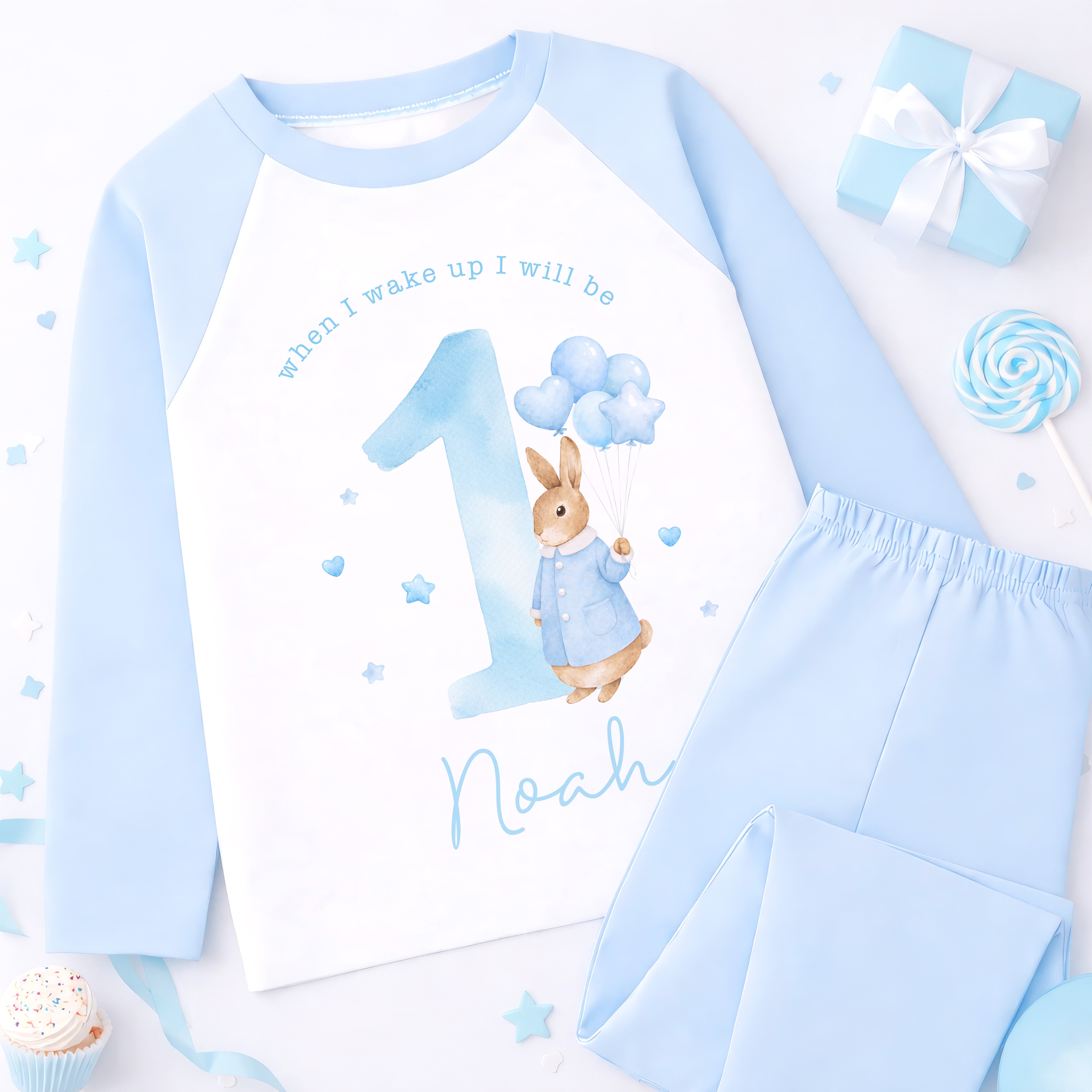 Personalised 1st Birthday Pyjamas, First Bib | Bunny | When I Wake Up I Will Be 1, Girls 1st Birthday Pyjamas, Boys 1st Birthday Pyjamas