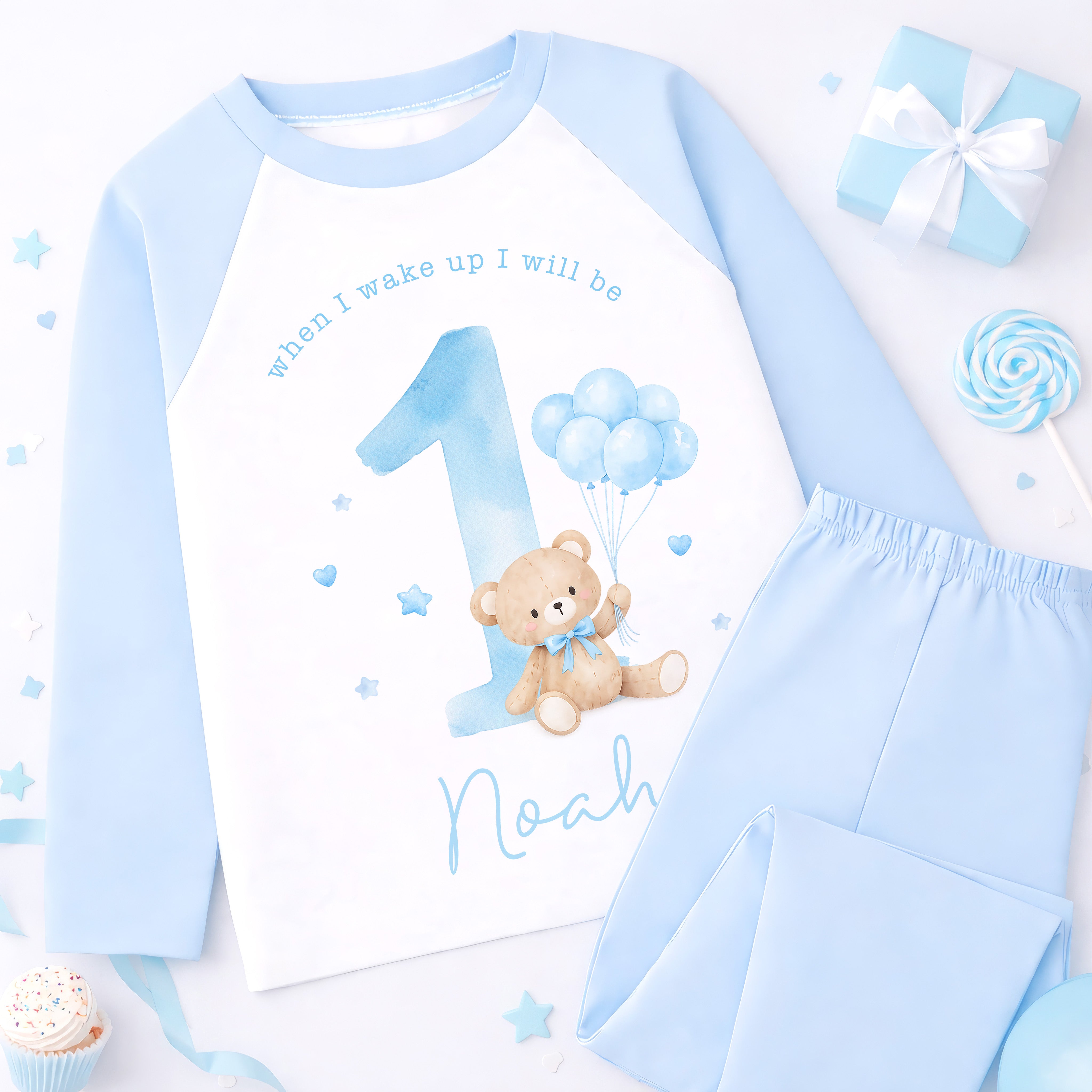 Personalised 1st Birthday Pyjamas, First Bib | Teddy Bear | When I Wake Up I Will Be 1, Girls 1st Birthday Pyjamas, Boys 1st Birthday Pyjamas