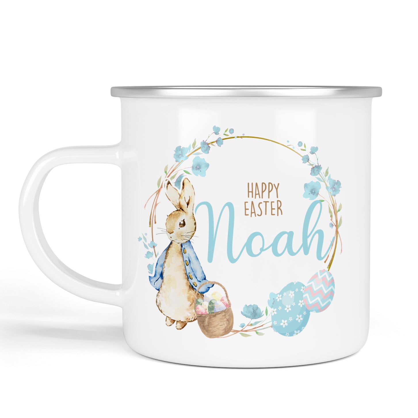 Personalised Easter Mug | Wreath | Enamel Pink or Blue | Personalised Easter Gift, Custom Easter Gifts, Easter Present, Children’s Easter