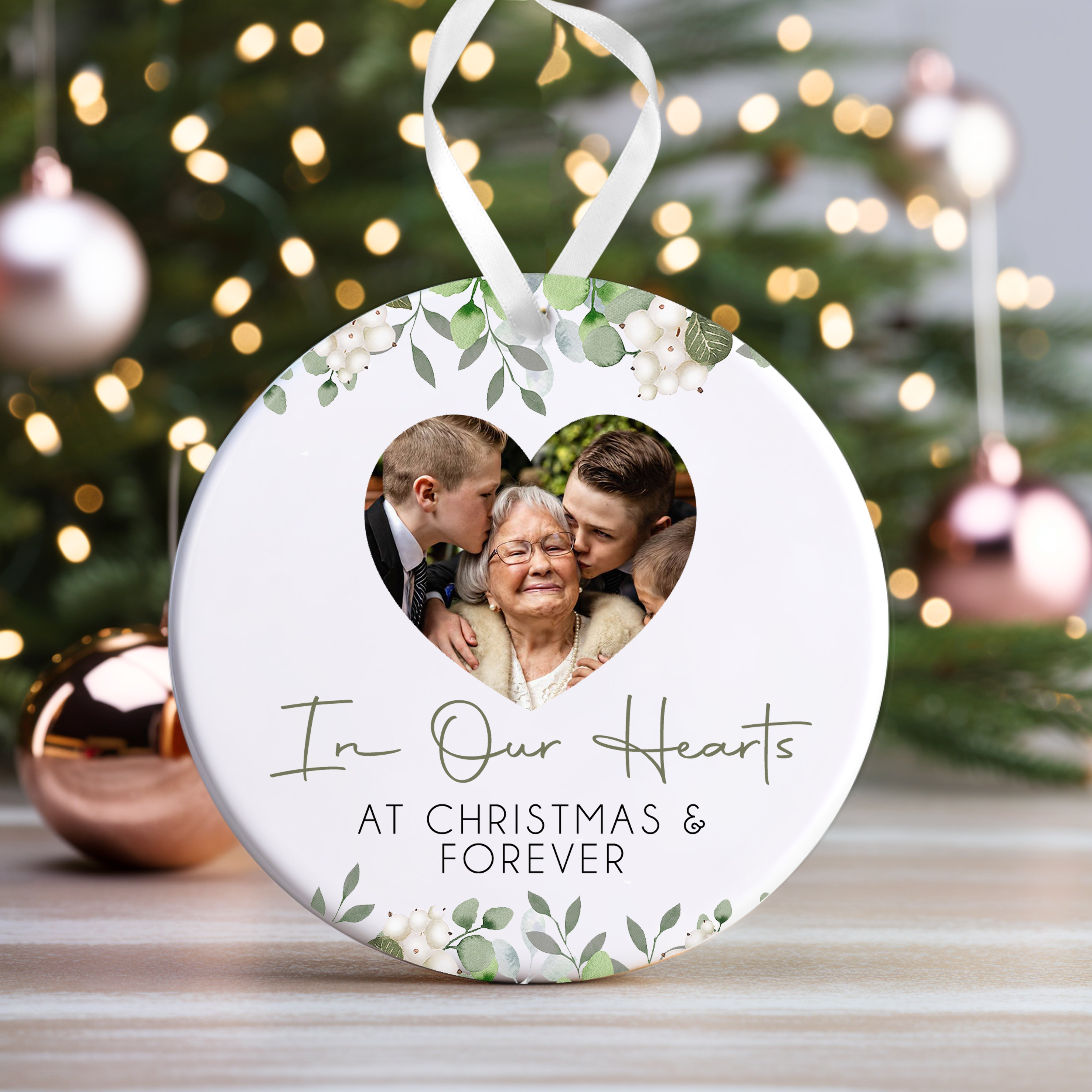 Personalised Memorial Christmas Bauble | Memory Ornament | Memorial Keepsake Christmas Bauble | Memorial Photo Ceramic Christmas Bauble - In Our Hearts Floral