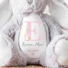 Personalised Teddy, Custom Newborn Teddy | Grey Bunny Rabbit, Baby Announcement Teddy Bear, Personalised Newborn Gift, Pink Initial