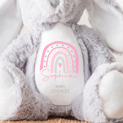 Personalised Teddy, Custom Newborn Teddy | Grey Bunny Rabbit, Baby Announcement Teddy Bear, Personalised Newborn Gift Ornament, Pink Rainbow