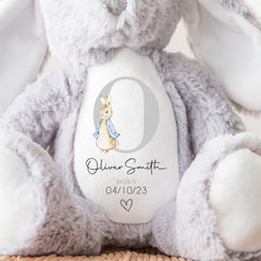 Personalised Teddy, Custom Newborn Teddy | Grey Bunny Rabbit, Baby Announcement Teddy Bear, Personalised Newborn Gift Ornament, Grey Initial