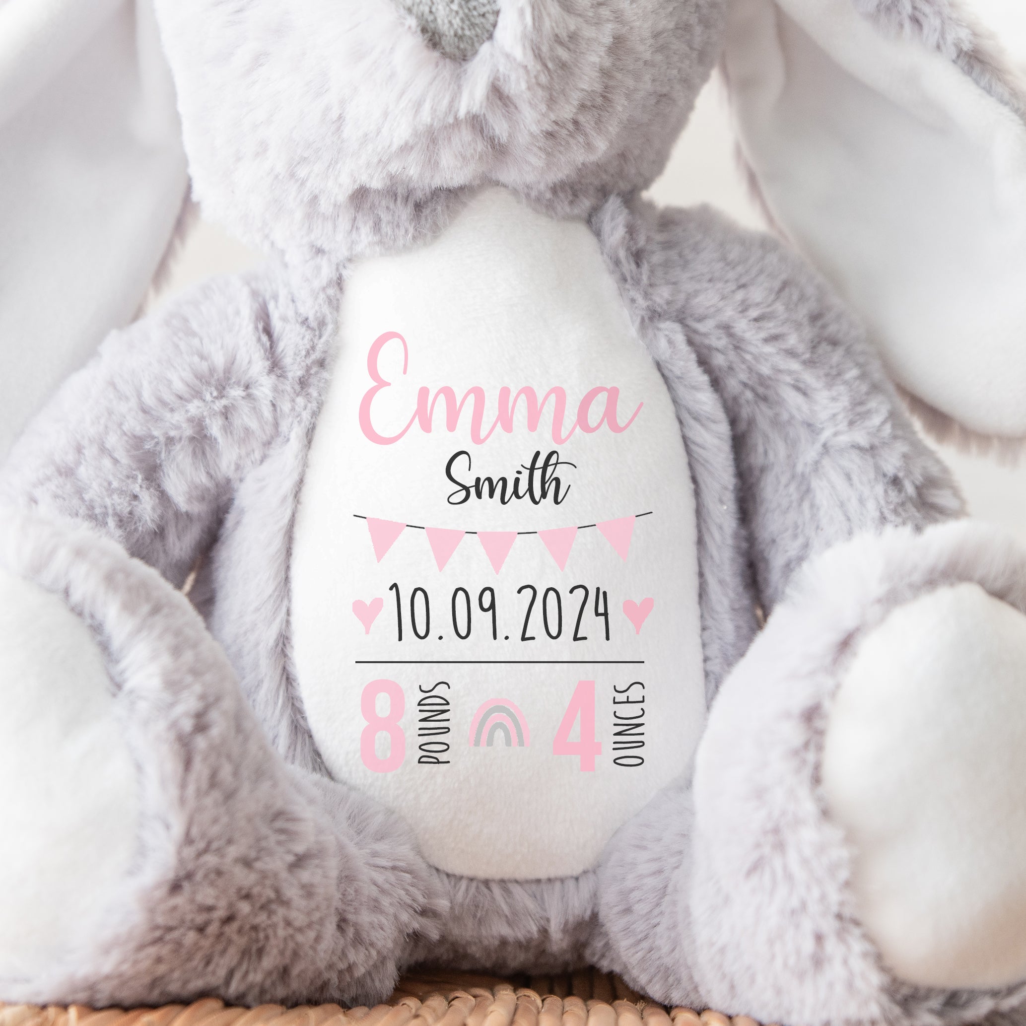 Personalised Teddy, Custom Newborn Teddy | Grey Bunny Rabbit, Baby Announcement Teddy Bear, Personalised Newborn Gift Ornament, Pink Bunting