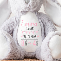 Personalised Teddy, Custom Newborn Teddy | Grey Bunny Rabbit, Baby Announcement Teddy Bear, Personalised Newborn Gift Ornament, Pink Bunting