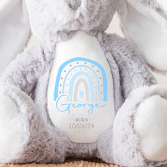 Personalised Teddy, Custom Newborn Teddy | Grey Bunny Rabbit, Baby Announcement Teddy Bear, Personalised Newborn Gift, Blue Rainbow
