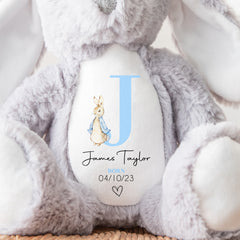 Personalised Teddy, Custom Newborn Teddy | Grey Bunny Rabbit, Baby Announcement Teddy Bear, Personalised Newborn Gift, Blue Initial