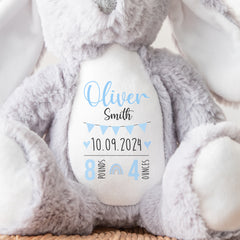 Personalised Teddy, Custom Newborn Teddy | Grey Bunny Rabbit, Baby Announcement Teddy Bear, Personalised Newborn Gift Ornament, Blue Bunting