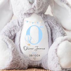 Personalised Teddy, Custom Newborn Teddy | Grey Bunny Rabbit, Baby Announcement Teddy Bear, Personalised Newborn Gift Ornament, Blue Balloon