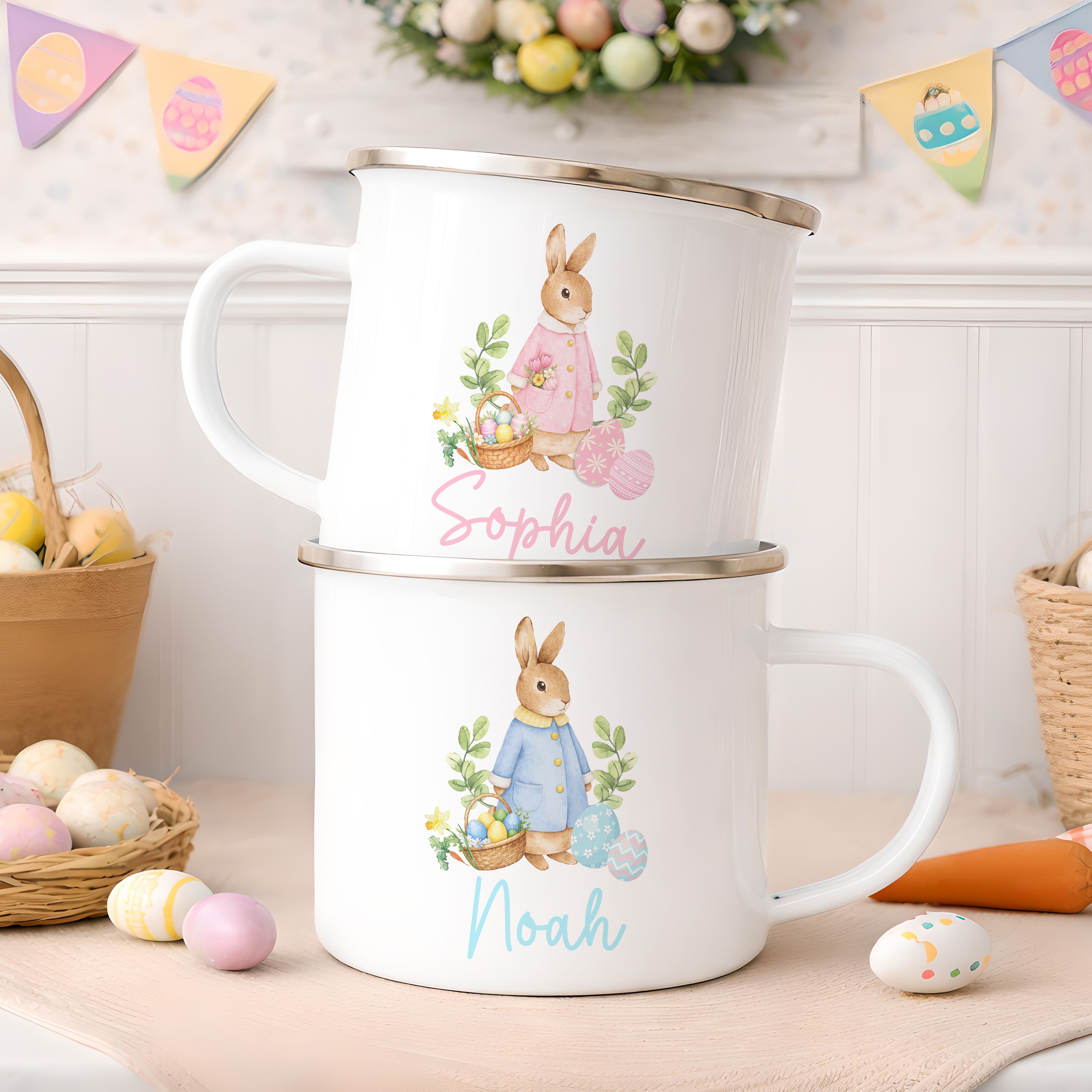 Personalised Easter Mug | Enamel Pink or Blue | Personalised Easter Gift, Custom Easter Gifts, Easter Present, Children’s Easter