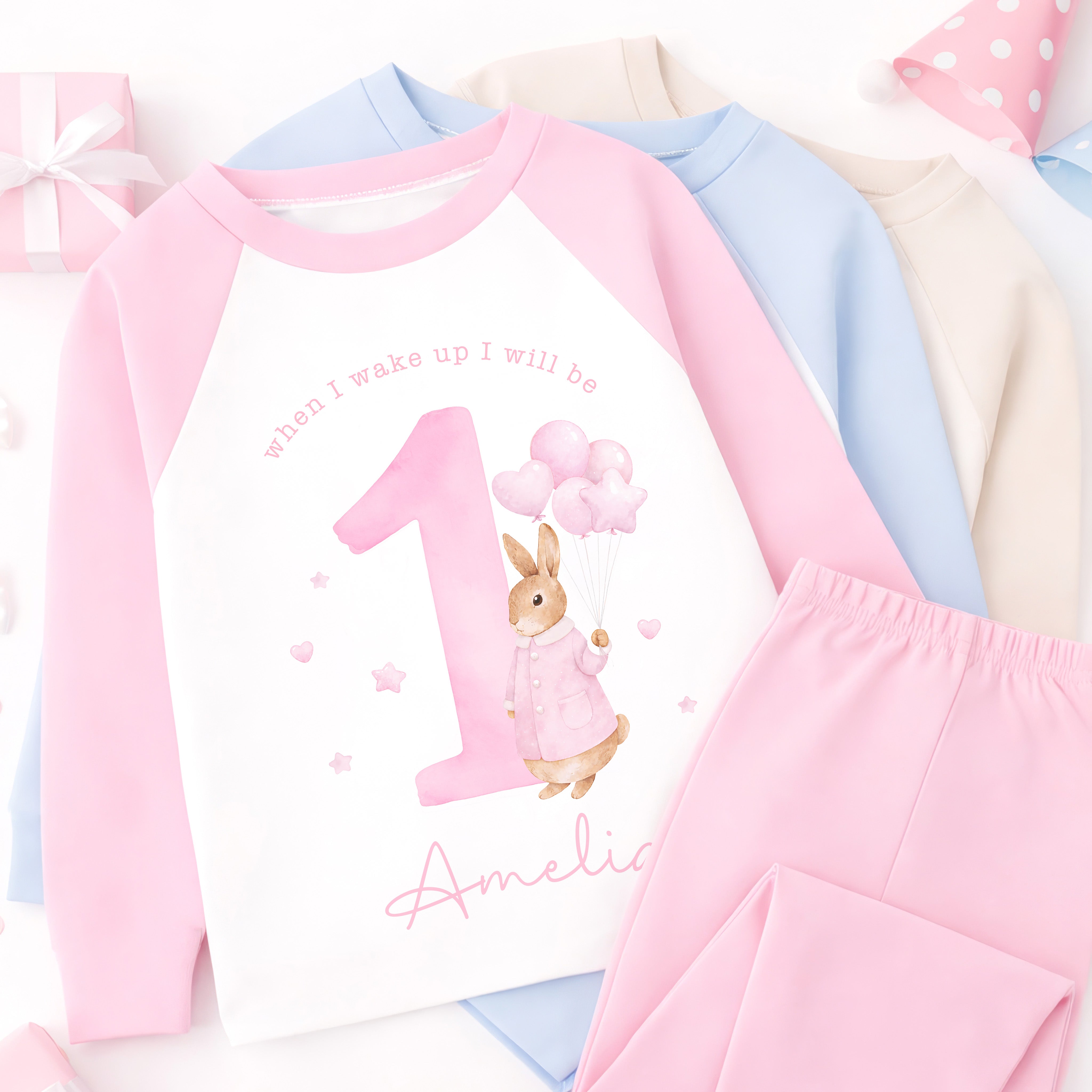 Personalised 1st Birthday Pyjamas, First Bib | Bunny | When I Wake Up I Will Be 1, Girls 1st Birthday Pyjamas, Boys 1st Birthday Pyjamas