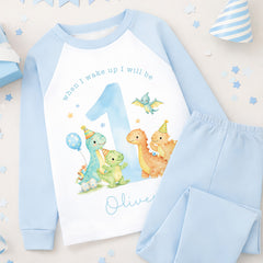 Personalised 1st Birthday Pyjamas, First Bib | Dinosaurs | When I Wake Up I Will Be 1, Boys 1st Birthday Pyjamas