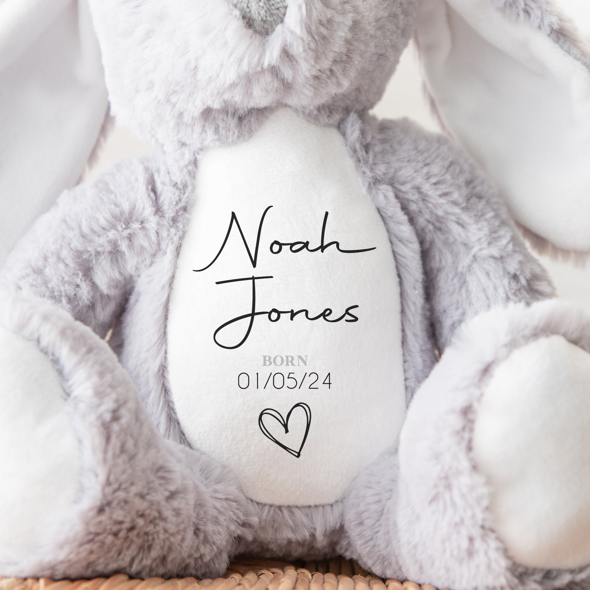 Personalised Teddy, Custom Newborn Teddy | Grey Bunny Rabbit, Baby Announcement Teddy Bear, Personalised Newborn Gift, Name Heart