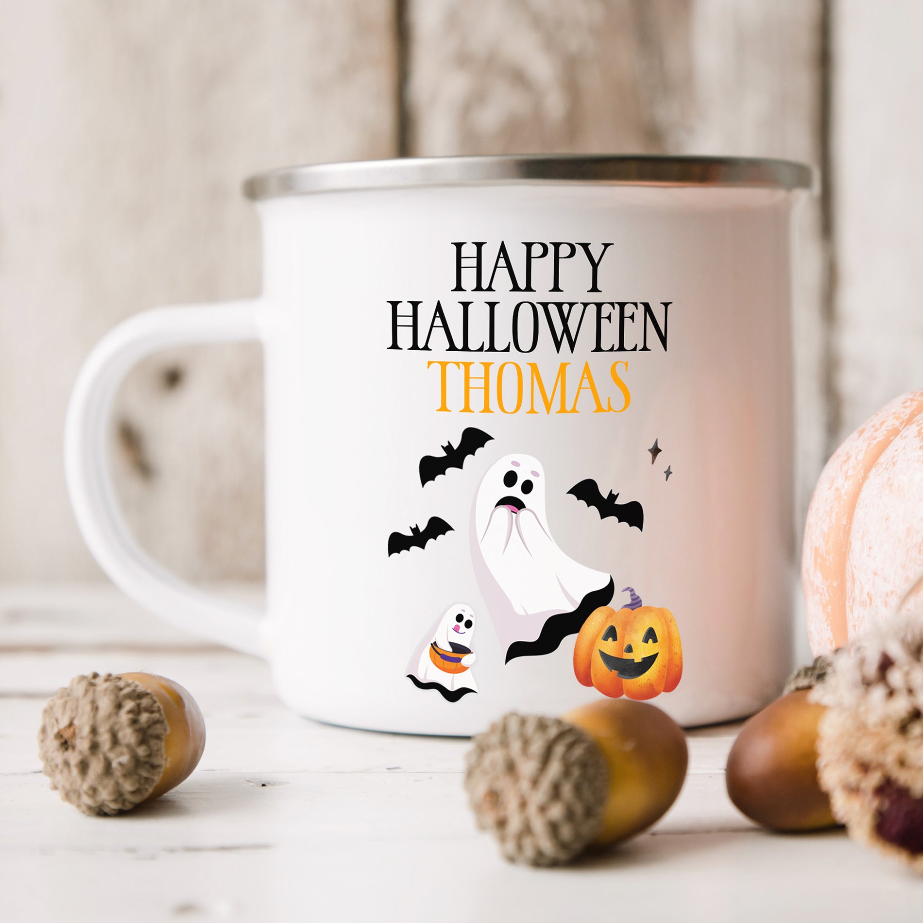 Personalised Halloween Enamel Mug | Halloween Ghost | Personalised Halloween Gift