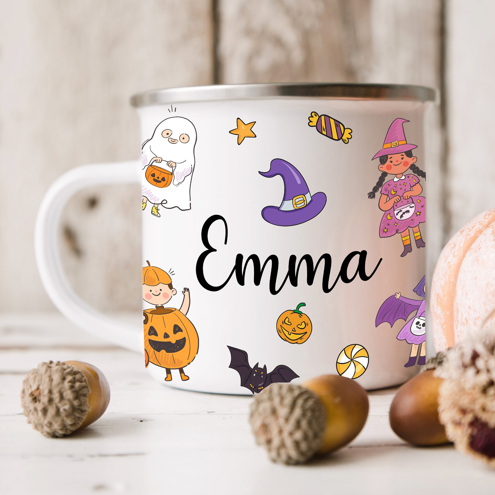 Personalised Halloween Enamel Mug | Kids Illustrations | Personalised Halloween Gift