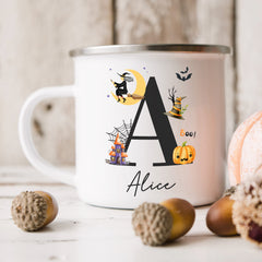 Personalised Halloween Enamel Mug | Halloween Initial | Personalised Halloween Gift