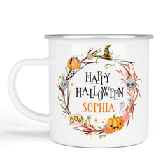 Personalised Halloween Enamel Mug | Halloween Wreath | Personalised Halloween Gift