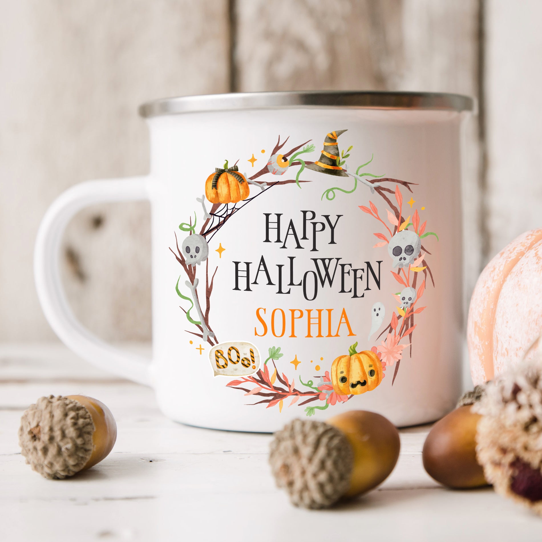 Personalised Halloween Enamel Mug | Halloween Wreath | Personalised Halloween Gift