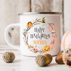 Personalised Halloween Enamel Mug | Halloween Wreath | Personalised Halloween Gift